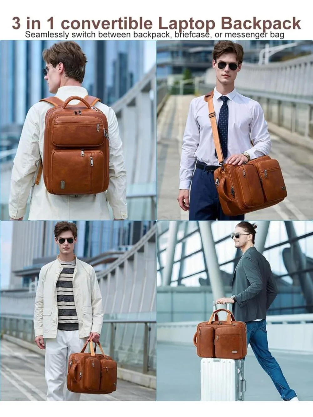 3-in-1 Vegan Leather Convertible Laptop Bag - Expandable Travel Backpack